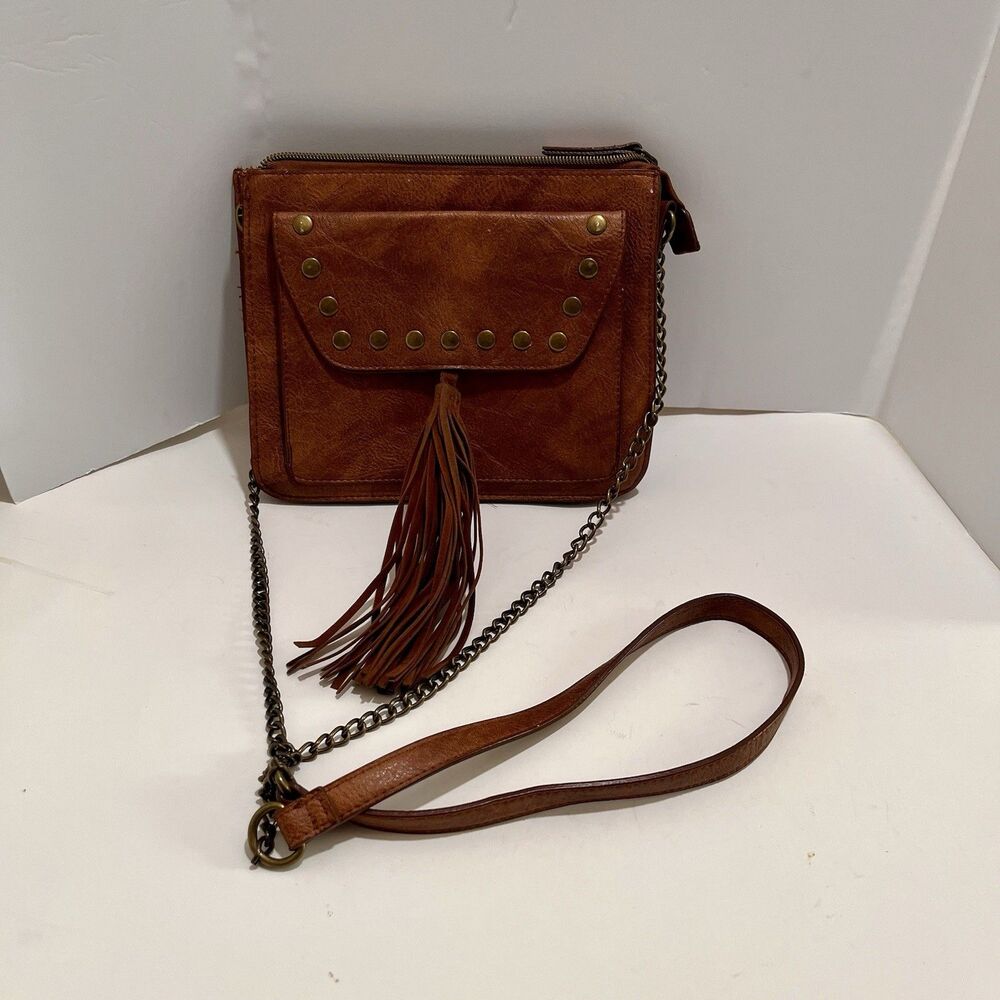 Tshirt And Jeans Brown Crossbody Purse Gold Studs Tassel Boho Western
